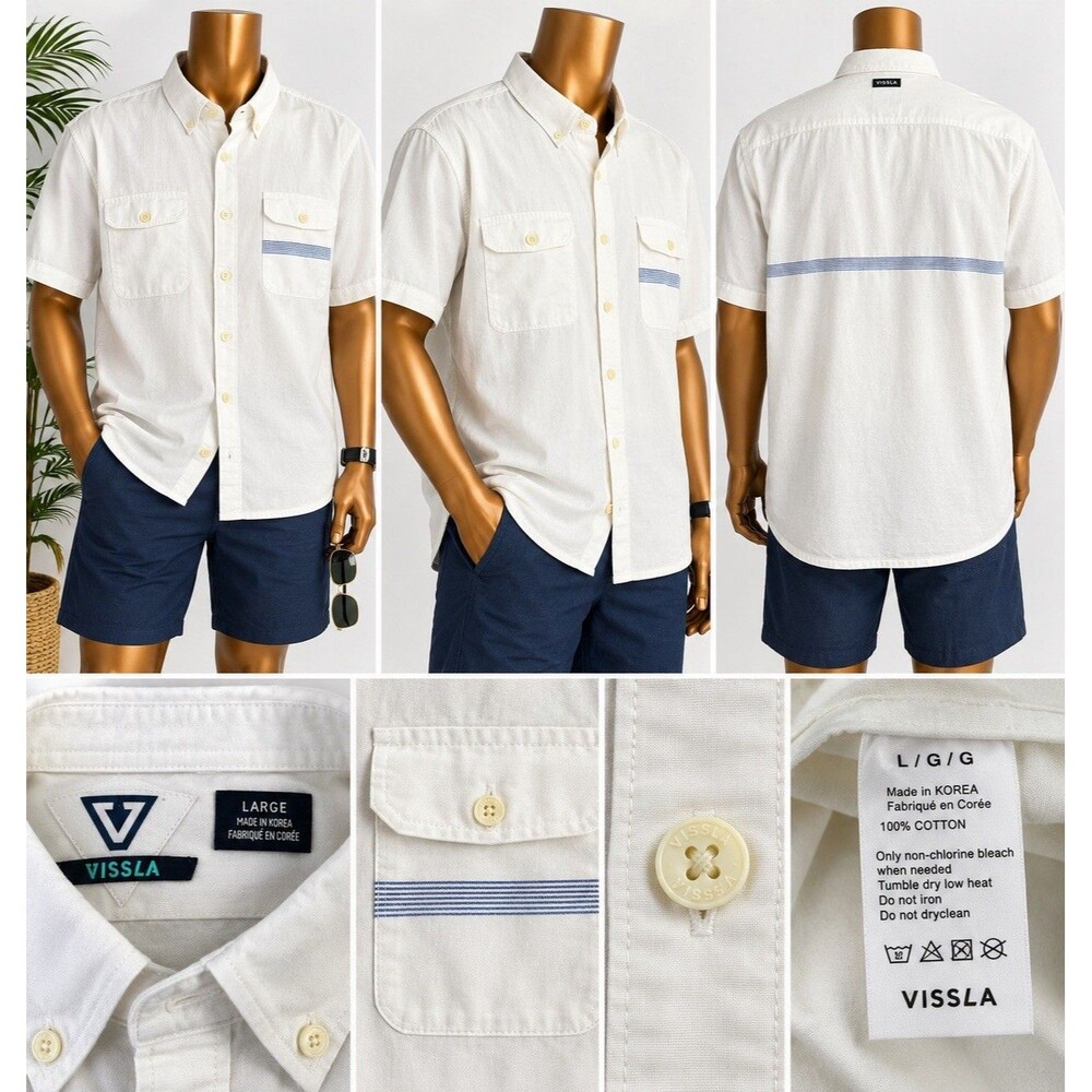 Vissla Shirt Men’s Large Textured Button Up Short Sleeve Coastal Casual Pocket